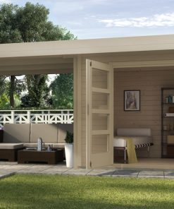 Lapostetős faház terassal hátfal nélkül Weka designhaus 126